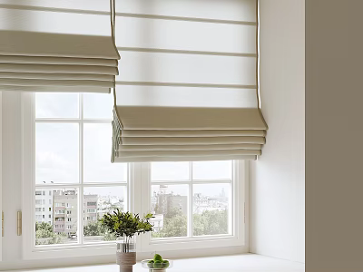 Elegant Beige Roller Blinds on Windows with Green Plants on Windowsill and Natural Light 3d model