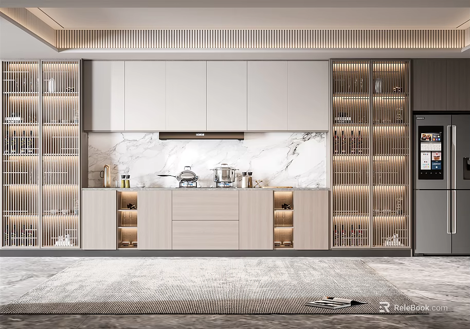 Modern Kitchen Interior With White Cabinets Marble Countertop Glass Door Storage And Built-in Refrigerator 3d model 
