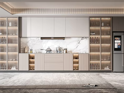Modern Kitchen Interior With White Cabinets Marble Countertop Glass Door Storage And Built-in Refrigerator 3d model