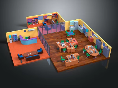 Colorful Indoor Office Interior With Reception Counter Desks Chairs Bookshelves And Storage Cabinets 3d model