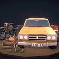 Vintage Yellow Truck With Motorcycle Stones Wooden Box And Small Plants