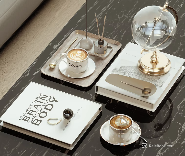 Elegant Modern Home Decorative Ornament Set With Globe Coffee Cup Books And Tray 3d model 