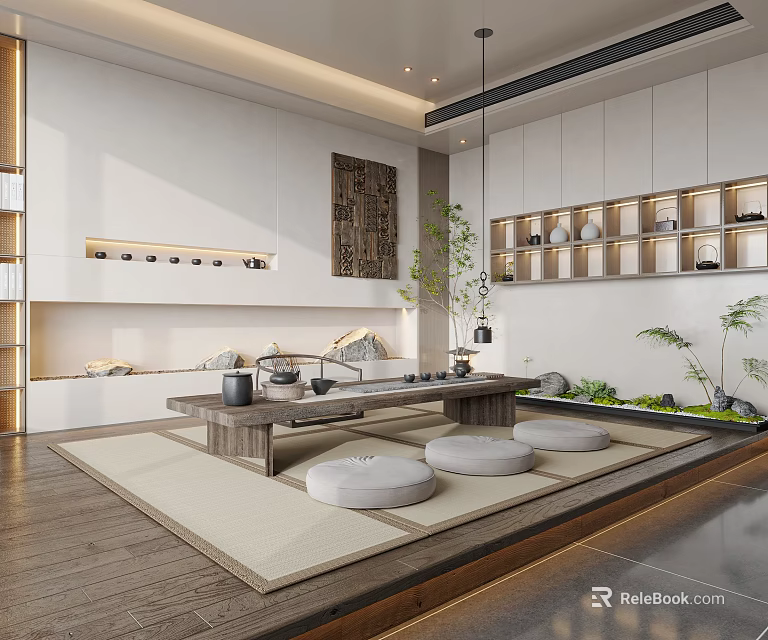 Minimalist Tea Room With Wooden Tea Table Round Cushions Built In Shelves And Green Plants 3d model 