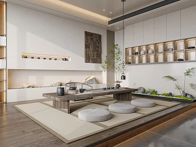 Minimalist Tea Room With Wooden Tea Table Round Cushions Built In Shelves And Green Plants 3d model