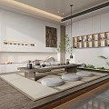 Minimalist Tea Room With Wooden Tea Table Round Cushions Built In Shelves And Green Plants