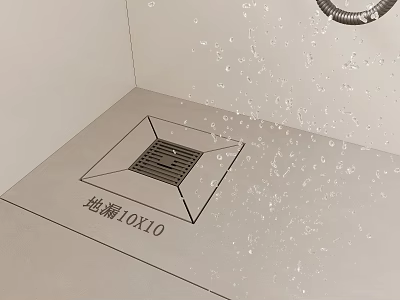 Shower Drain 10x10 Size With Water Droplets On Bathroom Floor 3d model