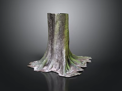 Tree Stump Sculpture With Textured Surface Green Brown Tones Root Like Base On Black Background 3d model