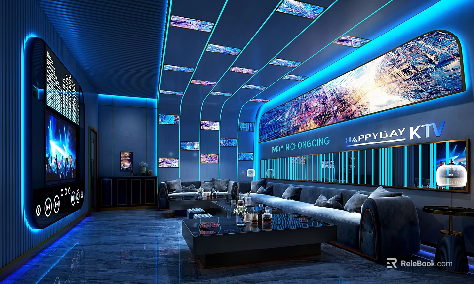 Modern KTV Lounge Interior Design With Blue Lighting Large Screens Sofas And Coffee Table 3d model 