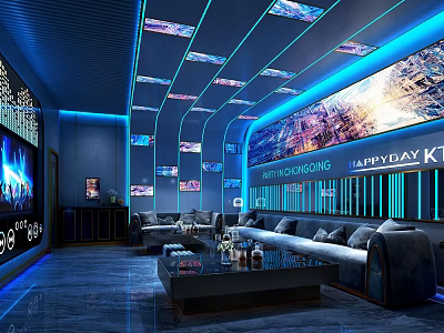 Modern KTV Lounge Interior Design With Blue Lighting Large Screens Sofas And Coffee Table 3d model