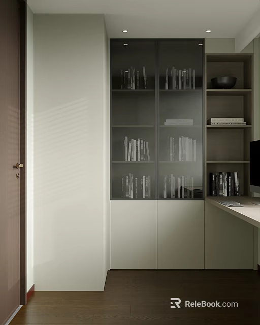 Modern Bookcase Interior Design With Glass Doors White Cabinet And Books 3d model 