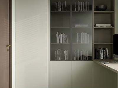 Modern Bookcase Interior Design With Glass Doors White Cabinet And Books 3d model
