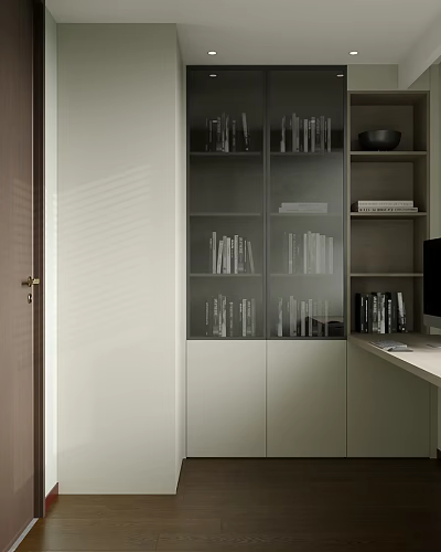 Modern Bookcase Interior Design With Glass Doors White Cabinet And Books 3d model