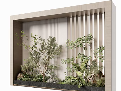 Modern Garden Landscape Design with Built in Planter Diverse Green Plants Small Trees Vertical Slats 3d model