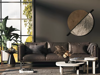 Modern Three-Seater Sofa with Large Window Natural Light Round Art Coffee Table and Green Plants 3d model