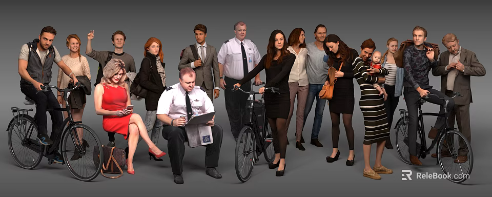 Group of Diverse People Standing and Sitting with Various Activities Uniformed Individual Bicycle and Newspaper 3d model 