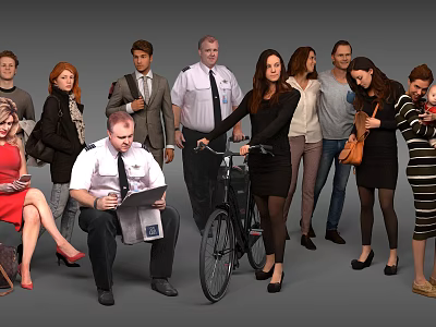 Group of Diverse People Standing and Sitting with Various Activities Uniformed Individual Bicycle and Newspaper 3d model
