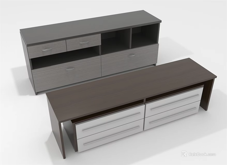 Modern TV Stands With Gray And Dark Brown Finishes Drawers And Open Shelves 3d model 