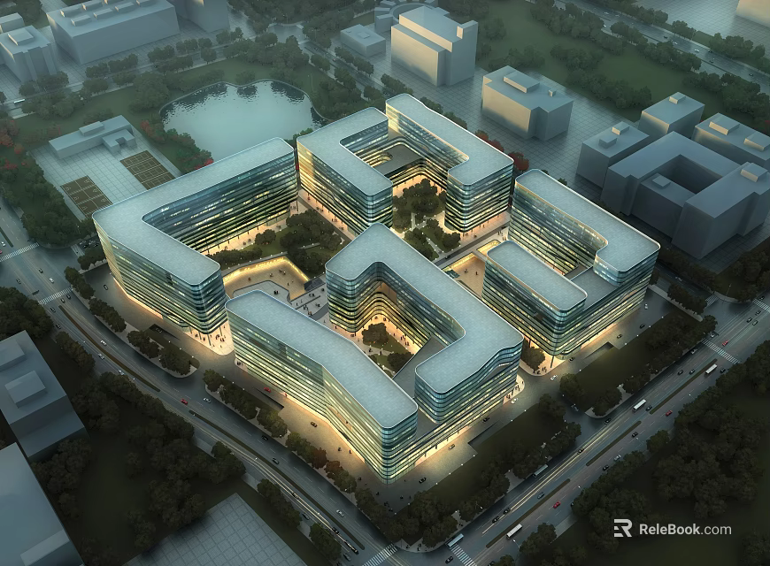 Modern Office Building Complex With Glass Curtain Walls And Landscaping At Night View 3d model 