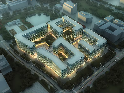 Modern Office Building Complex With Glass Curtain Walls And Landscaping At Night View 3d model