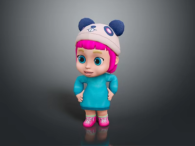 Cute Child Cartoon Character In Pink Hat With Blue Ears Blue Dress And Pink Shoes 3d model