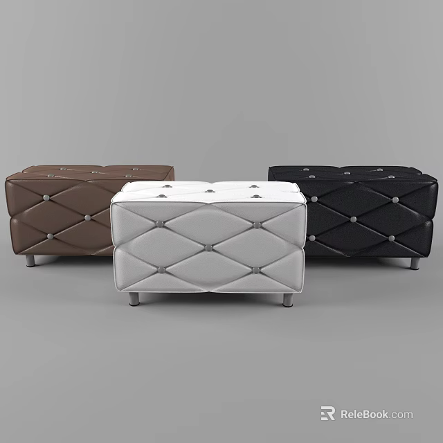Modern Upholstered Ottoman Set in Brown White Black with Diamond Stitching and Metal Legs 3d model 