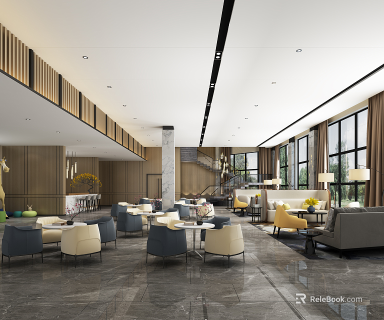 Spacious Hotel Public Lounge Area With Modern Wooden Decor Marble Flooring And Large Windows 3d model 