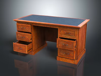 Classic Wooden Office Desk With Dark Blue Desktop And Multiple Storage Drawers 3d model
