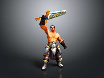Shirtless Man in Silver Armor Pants Holding Ornate Sword with Raised Arm 3d model