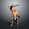 Shirtless Man in Silver Armor Pants Holding Ornate Sword with Raised Arm