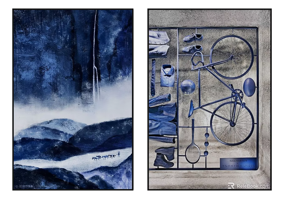 Blue Tones Artwork With Mountain Landscape And Bicycle Abstract Design Elements 3d model