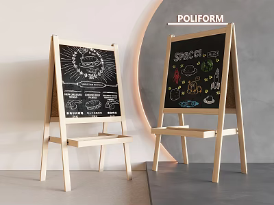 Double Wooden Easels With Chalkboards Food Illustrations And Space Theme Artwork 3d model
