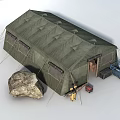 Green Military Tent Setup With Large Rock Yellow Boxes Wooden Crates And Gear