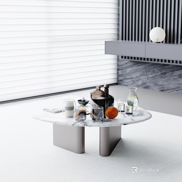 Elegant Modern Kitchen Space Featuring Round Marble Table With Decorative Items 3d model