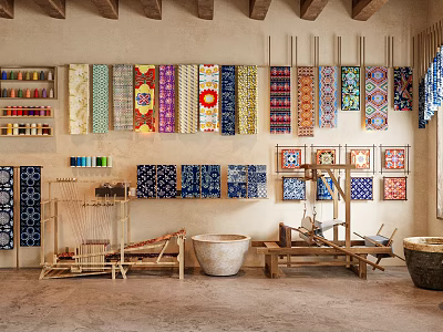 Traditional Artisanal Household Items With Colorful Fabrics Weaving Looms And Wooden Buckets 3d model