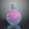 Laboratory Glass Round Bottom Flask With Pink Blue Substances And Stopper