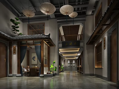 Traditional Chinese Teahouse Interior With Hanging Lanterns Wooden Structures And Green Plants 3d model