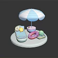 Cute Summer Baby Pool Setup With Blue White Umbrella Float Ring And Star Toy