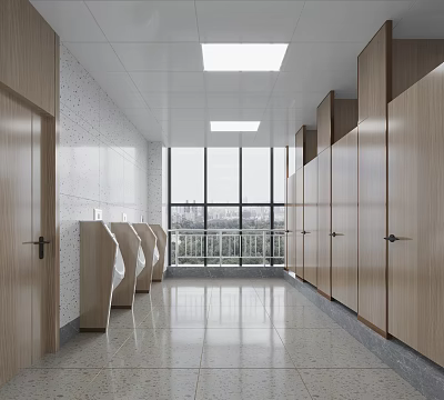 Modern Restroom Corridor With Wooden Stall Doors Urinals Large Windows And Light Colored Tiled Floor 3d model