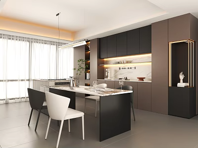Modern Restaurant Interior With Black And White Cabinets Marble Countertop Hanging Light And Dining Table 3d model