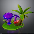 3D Model Scene with Purple Star Pattern Mushrooms Red Mushrooms Palm Tree and Green Grass