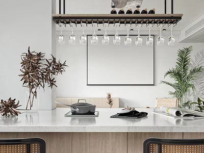Modern Kitchen Interior With White Countertop Hanging Wine Glasses Plants Wooden Cabinets And Wall Frame 3d model