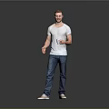 Man in Gray T-Shirt and Blue Jeans Holding White Cup Standing Against Simple Gray Background