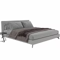 Modern Minimalist Double Bed with Soft Pillows Striped Blanket and Side Nightstand