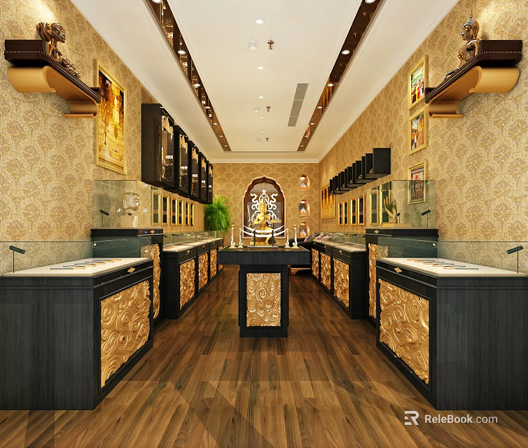Luxurious Jewelry Store Interior Design With Glass Display Cases And Golden Decorations 3d model 