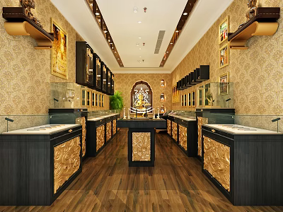 Luxurious Jewelry Store Interior Design With Glass Display Cases And Golden Decorations 3d model