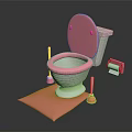 Pink Toilet Living Supplies With Seat Brush Paper Roll And Floor Mat