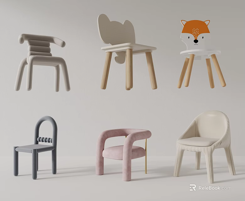 Various Colorful Children's Chairs With Animal Shaped Backs And Wooden Legs Design 3d model 