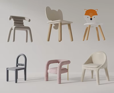 Various Colorful Children's Chairs With Animal Shaped Backs And Wooden Legs Design 3d model