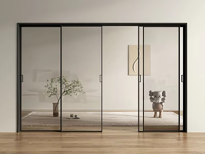 Modern Sliding Glass Doors With Black Frames And Wooden Floor In Living Room Interior 3d model