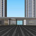 Modern High Rise Buildings Entrance With Paved Ground Trees Lighting And Car